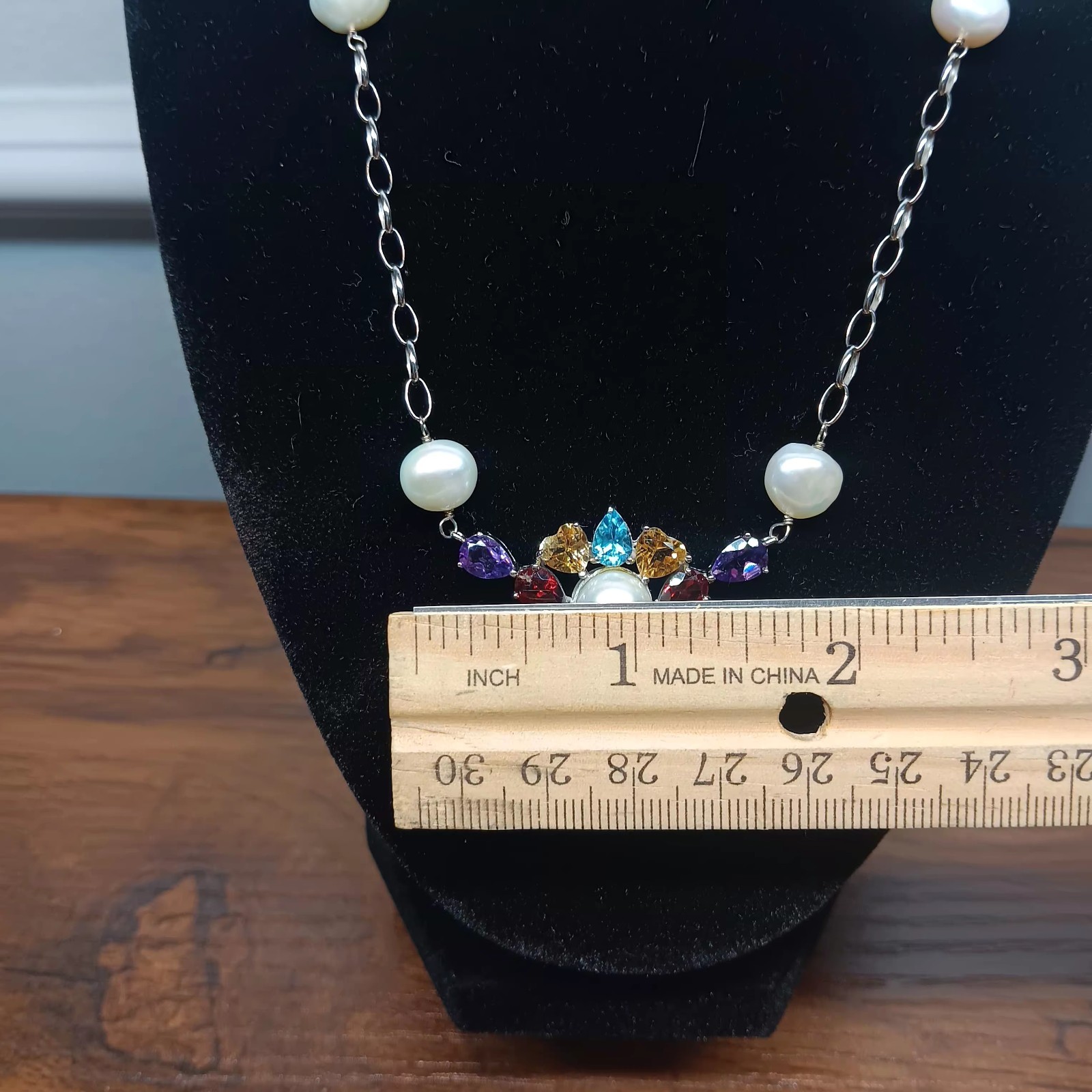 18-20″ Ross Simons Sterling Silver Multi Gemstone & Pearl Chain Station Necklace