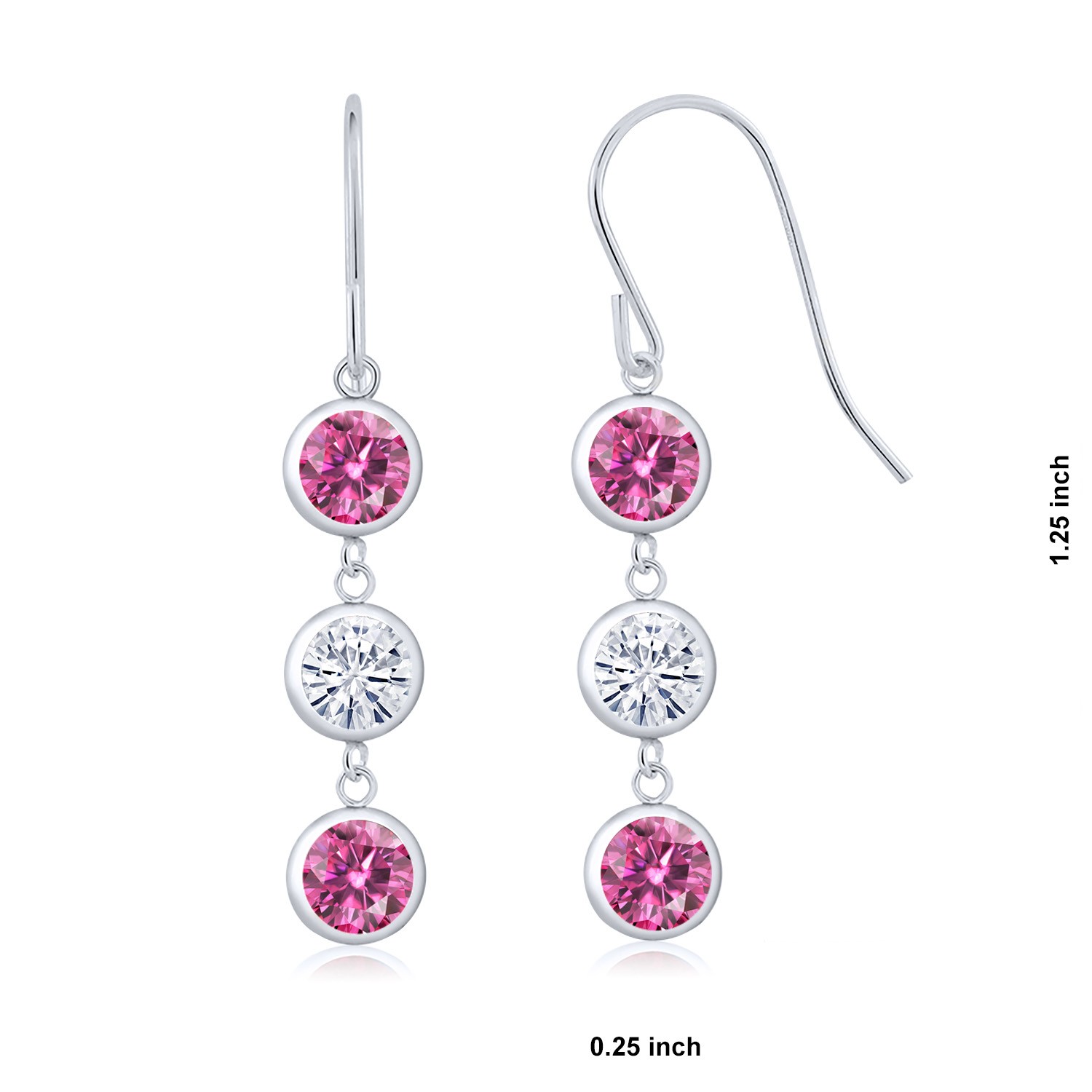 925 Sterling Silver Pink Moissanite and White Moissanite 3 Stone French Wire