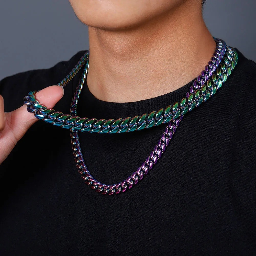 Punk Rainbow Curb Cuban Chain Necklace Stainless Steel Bike Biker Choker Jewelr