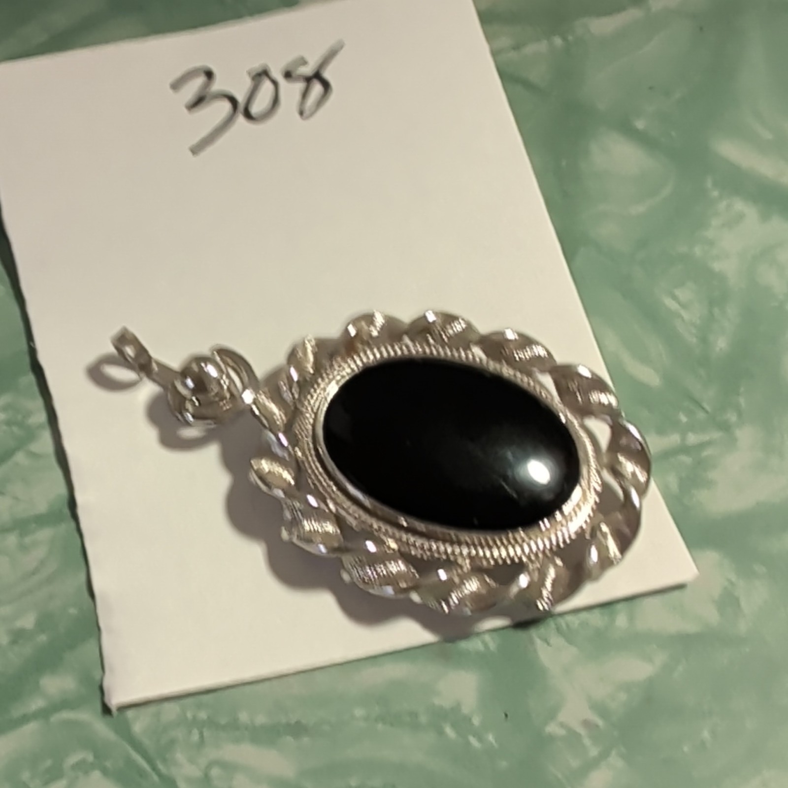 Sterling Silver 925 Oval Black Onyx Cabochon Bezel Pendant Signed
