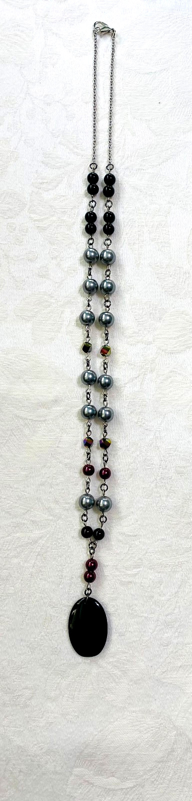 Handmade bead-link necklace gray burgundy black oval stone pendant