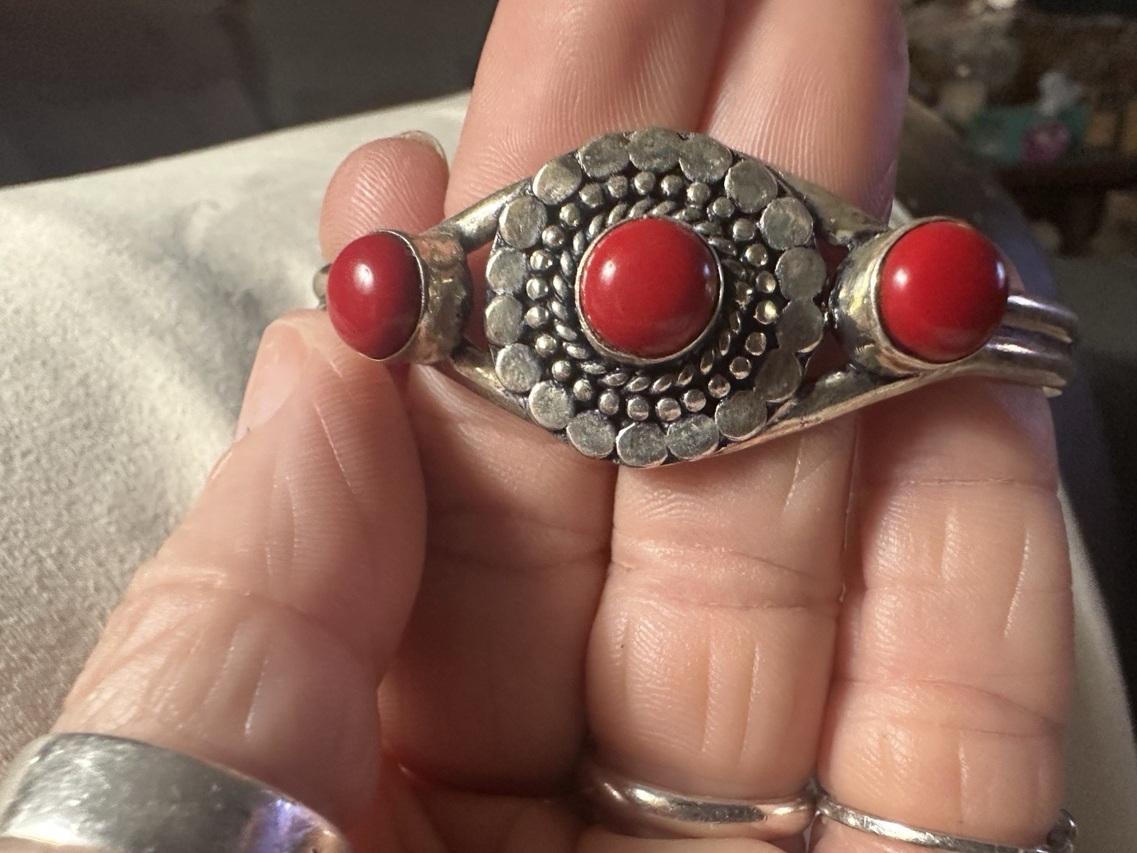 Sterling Silver Artisan Cuff Bracelet Tibetan Nepali Red Coral Style 3 Stone