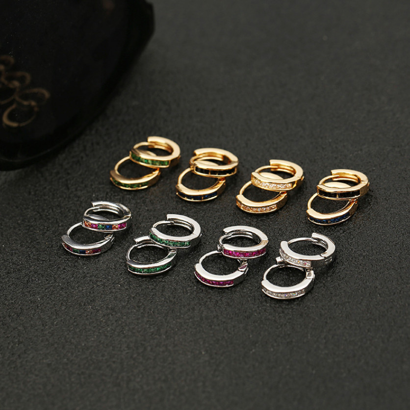 2Pcs 925 Silver Gold Plated Small Round Huggie Hoop Earrings Square CZ 12mm E19
