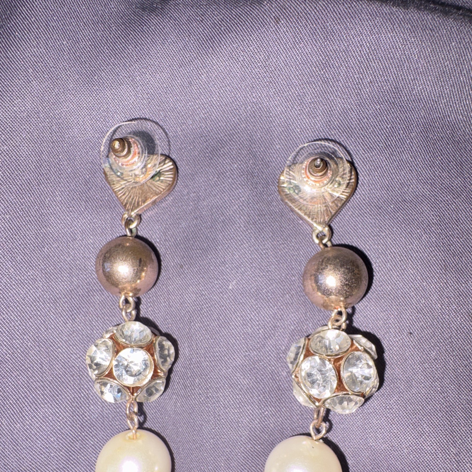 Gold Tone Heart Dangle/Drop Earrings Clear Crystal Rhinestone Imitation Pearl