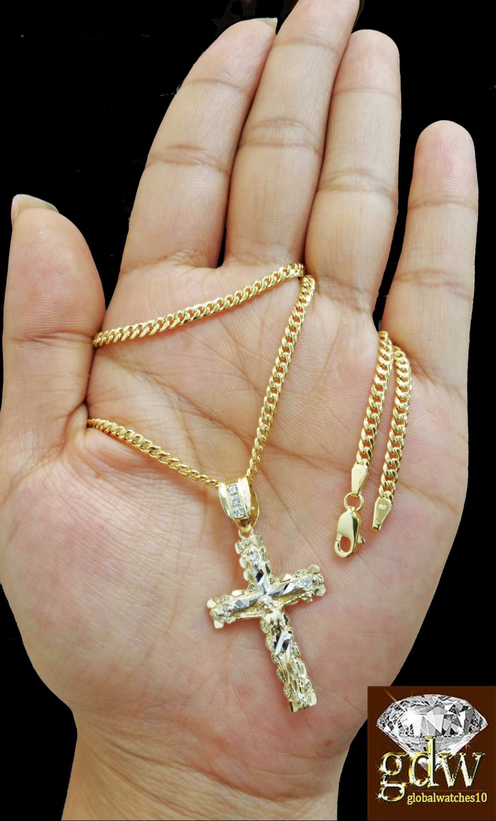 Real 10k Yellow Gold Cross Jesus Charm Pendant Miami Cuban 20″ Necklace