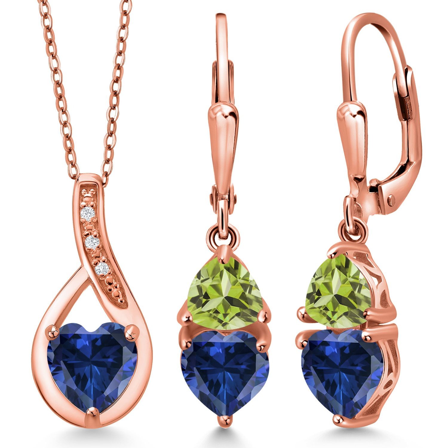18K Rose Gold Plated Silver Created Sapphire and Peridot Pendant Earrings Set
