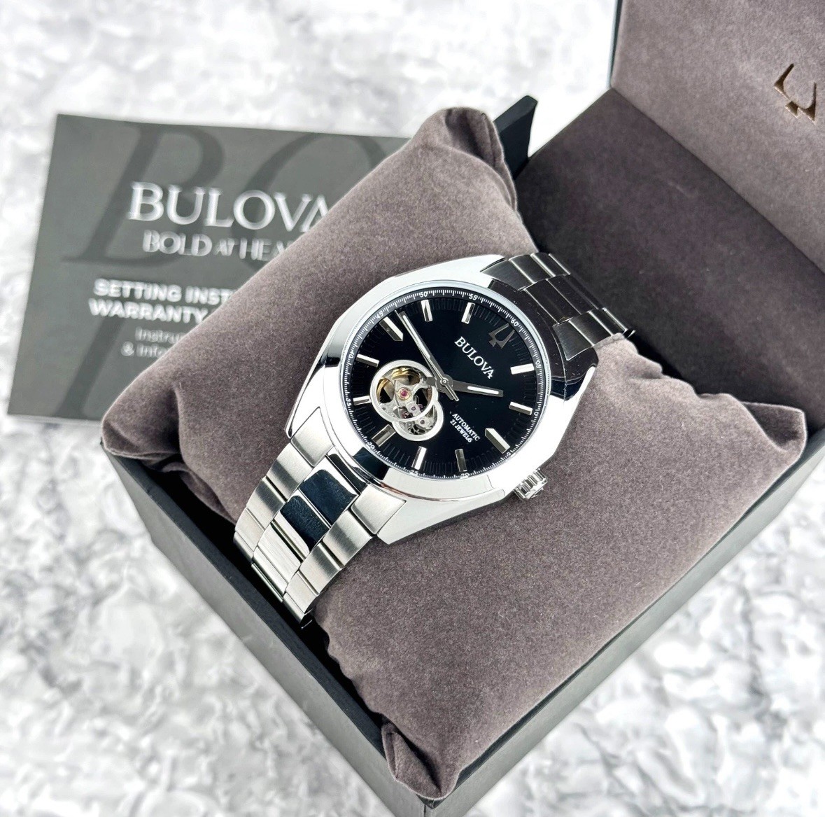 Bulova Surveyor Automatic Black Dial Silver Stainless Steel Men’s Watch 96A270