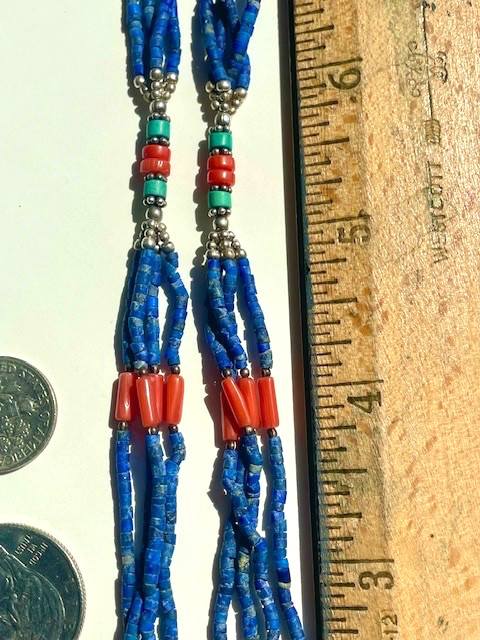 Vintage Sterling Nepalese Necklace Turquoise, Lapis Coral 17.0″ Length 24 gms