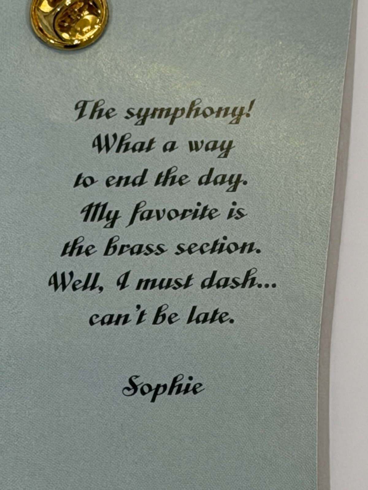 Sophie’s Closet blue Grecian gown greeting card and gold gemmed trumpet brooch