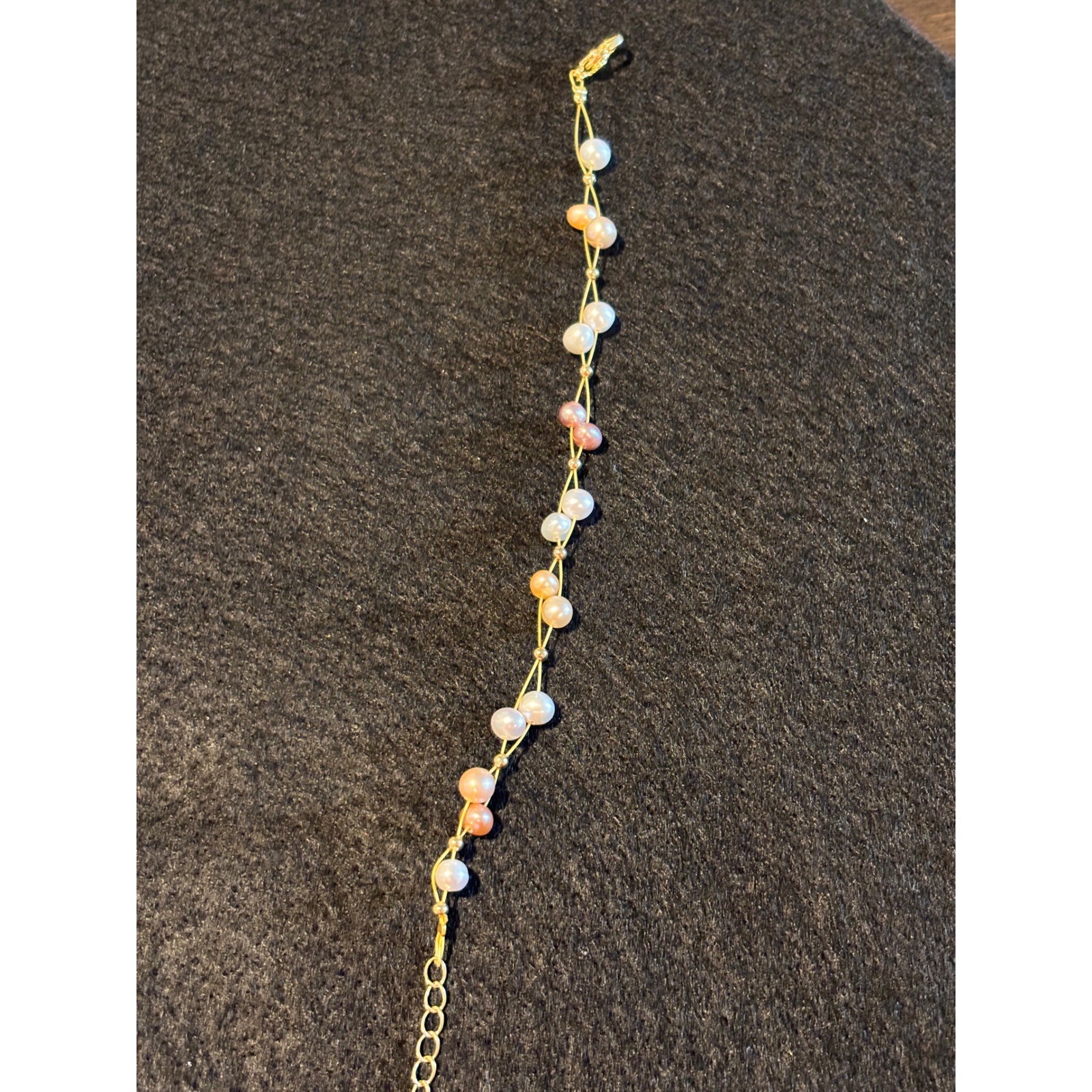 Multi Tone Pearl Station Bracelet Gold Tone Double Wire Adjustable