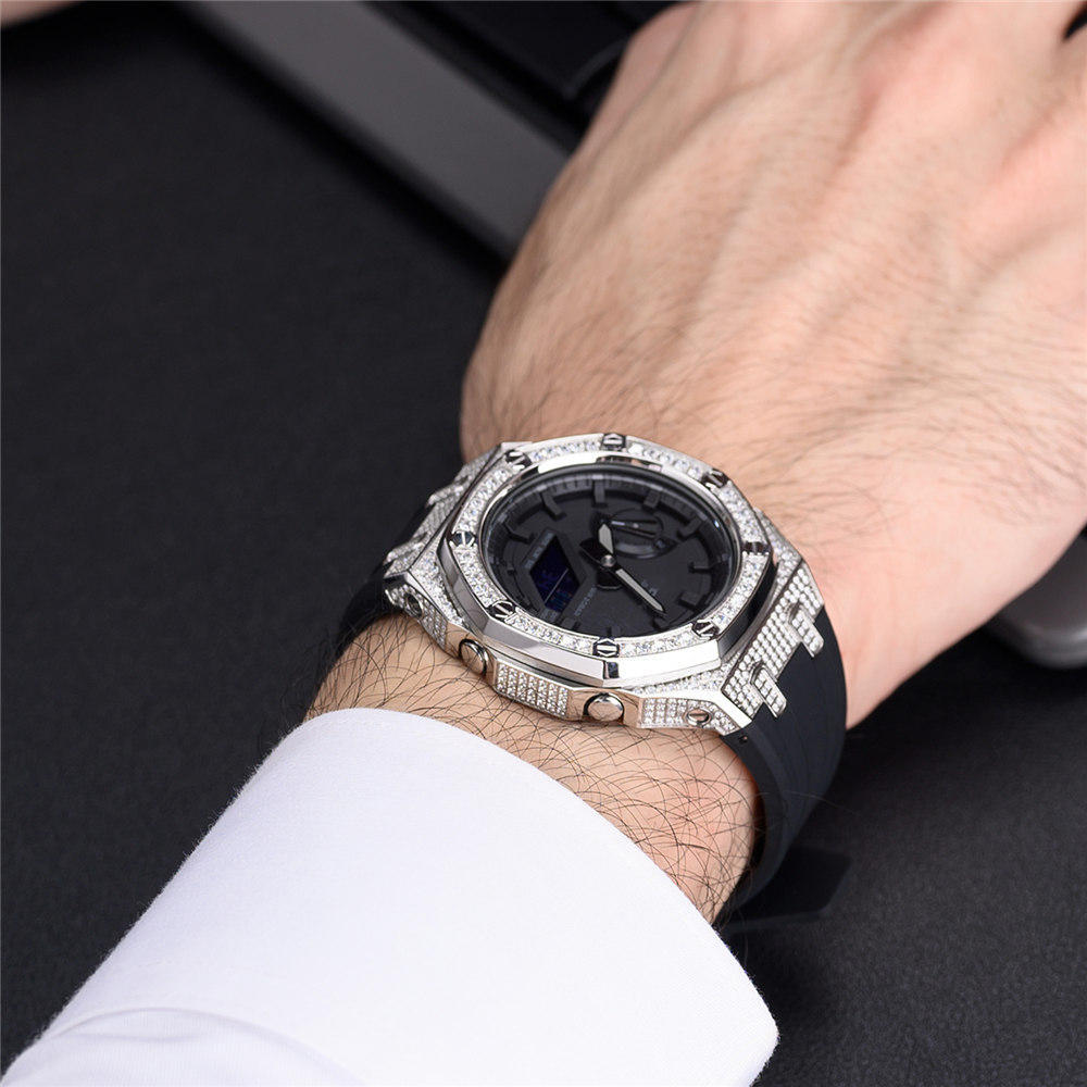 Bling Diamond Stainless Steel Case + Rubber Strap AP MOD KIT for G-SHOCK GA-2100