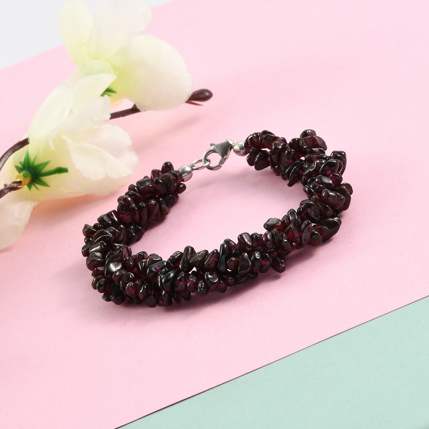 144ctw Rhodolite Garnet Three-row Chips Bracelet Platinum Plated 7.25″
