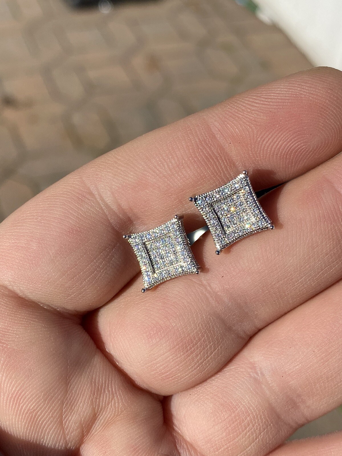 Mens Real 925 Solid Sterling Silver Kite CZ Hip Hop Iced Square Earrings 11mm