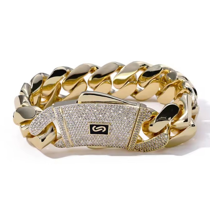 5AAA+ CZ 20mm Cuban Link Chain Necklace Bracelet Gold Plated Brass Iced Out