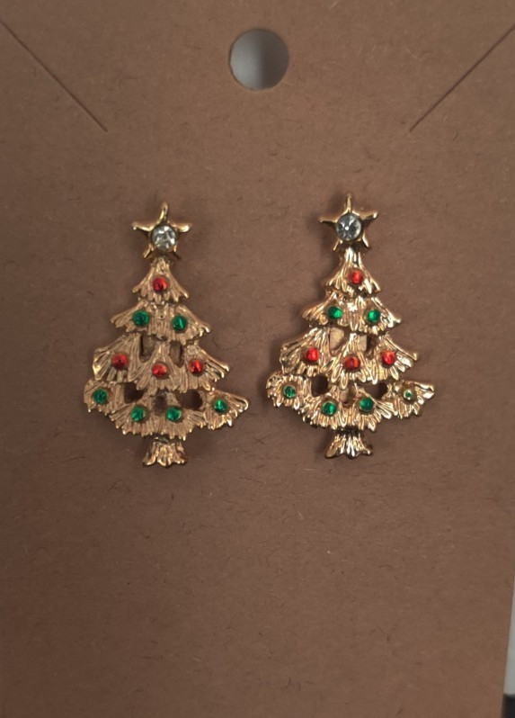 Vintage Eisenberg Ice holiday Christmas Tree Earrings 1.5″ Gold with ornaments