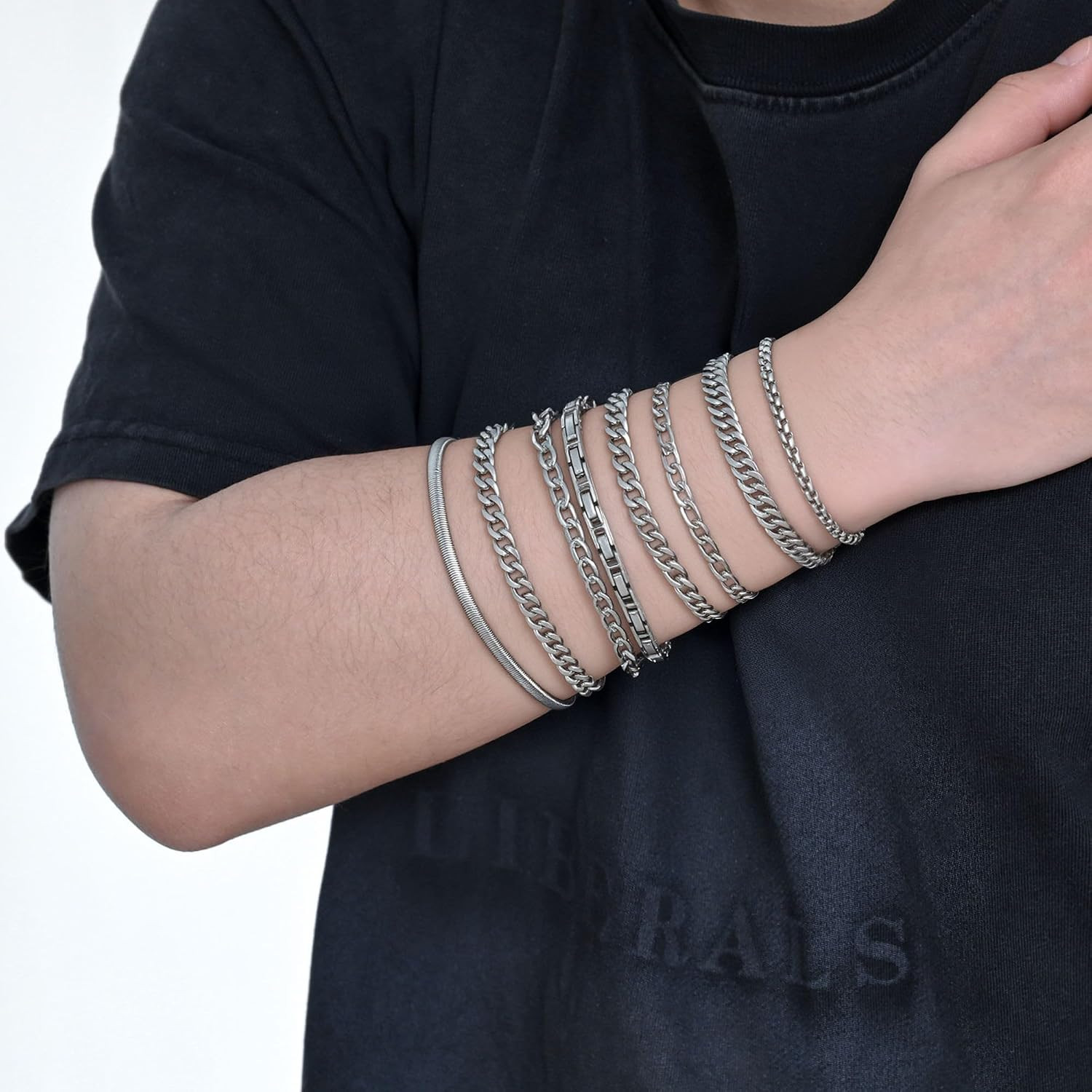 Chain Bracelet for Men Stainless Steel Cuban Link Curb Figaro Herringbone Rope P
