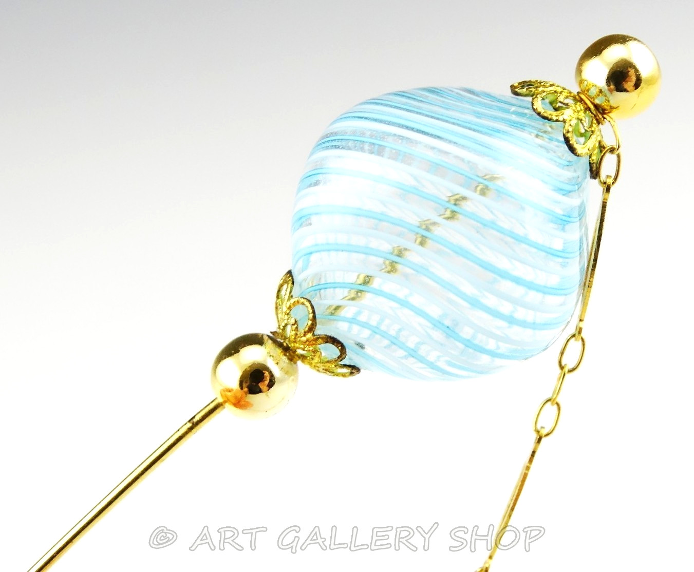 Vintage Murano Italy Hand Blown BLUE SWIRL Art Glass & GOLD TONE PIN BROOCH