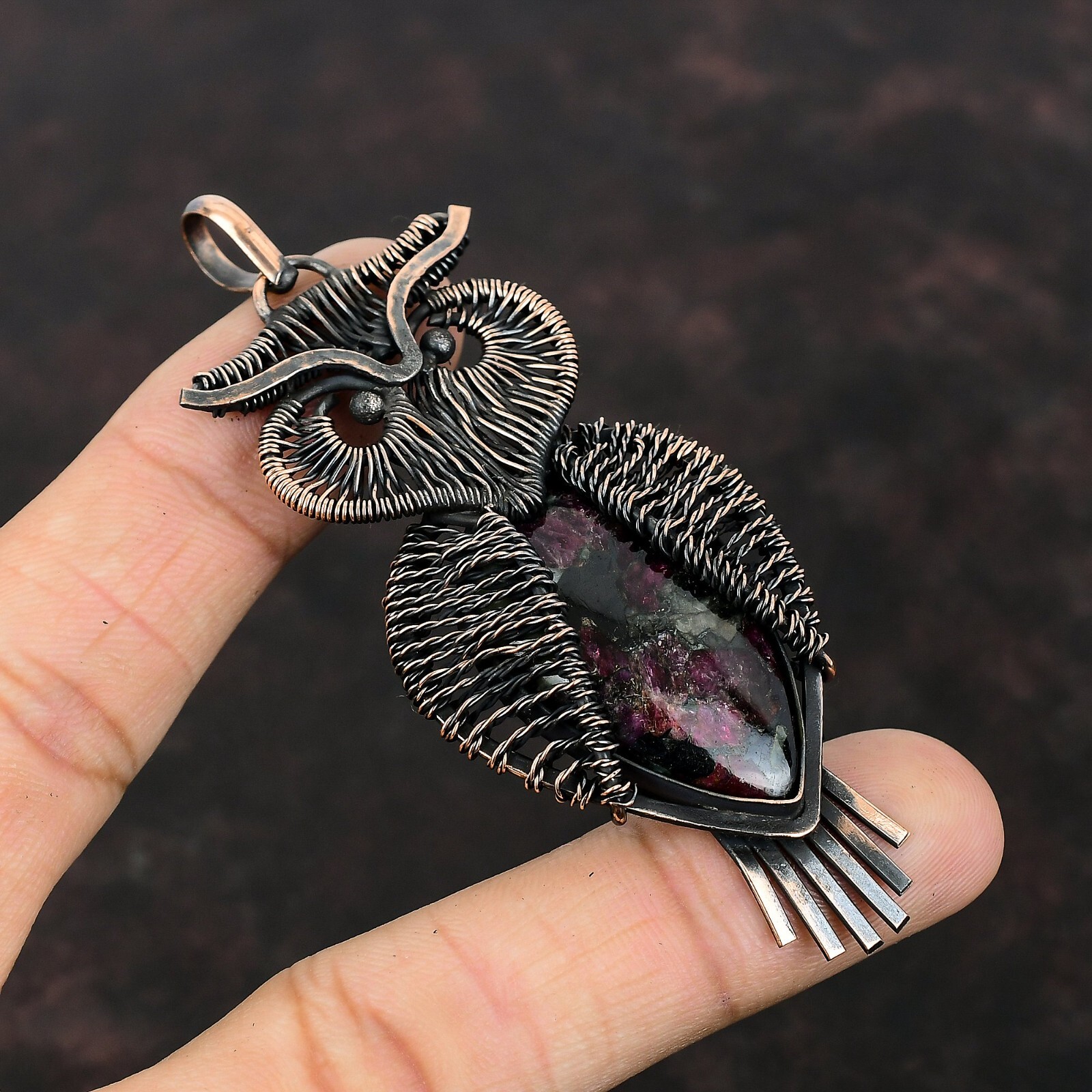 Valentines Sale Eudialyte Stone Copper Wire Wrapped Owl Wedding Pendant Jewelry