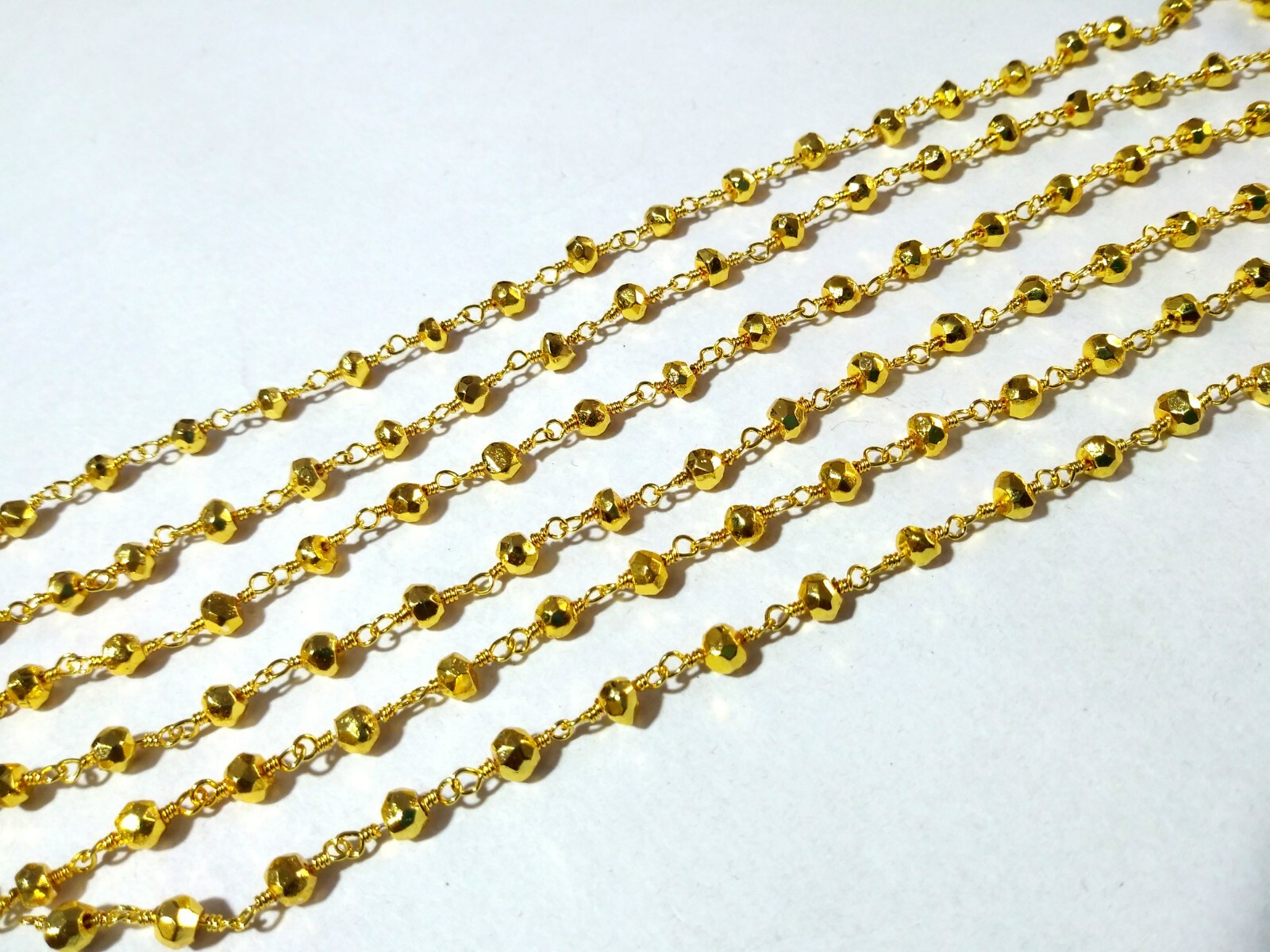 Golden Pyrite Roundelle Rosary Beaded Chain 24k Gold Plated Wire 3mm 3 Feet