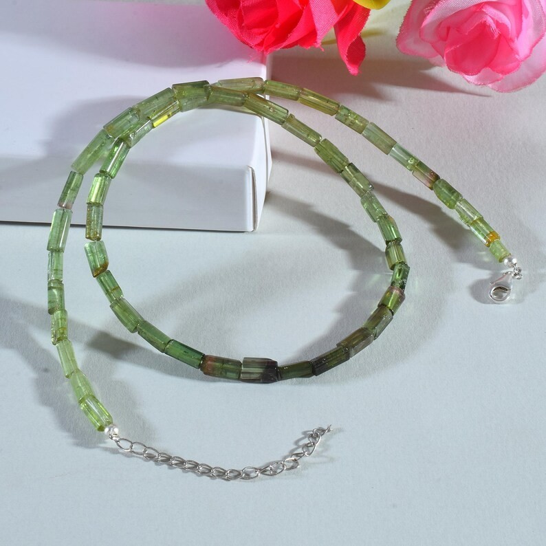 Natural Green Tourmaline Beaded Necklace 925 Sterling Silver Handmade Gift 18″