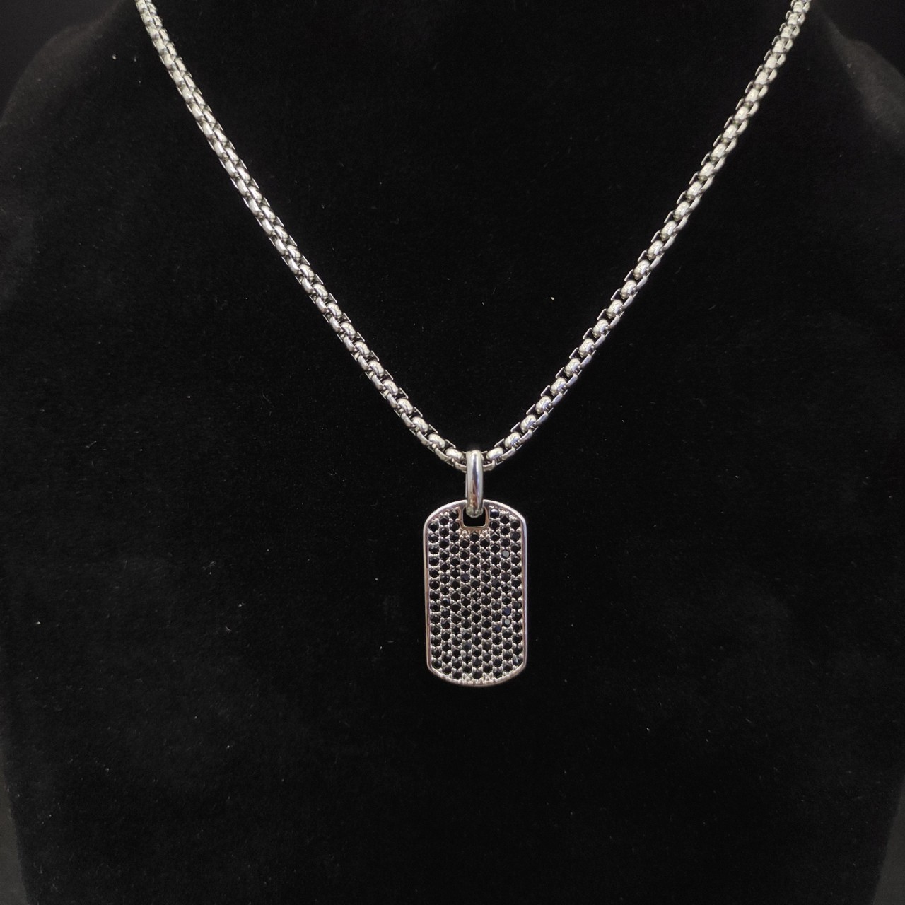 David Yurman Black Diamond Dog Tag Pendant 925 Silver Box Chain Necklace 19.6IN