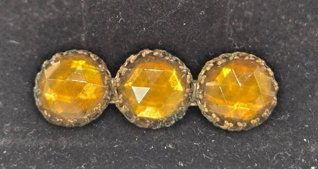 Antique Victorian Amber Glass Brooch Gold Tone 3 Stone Sash Pin T-Bar C-Clasp