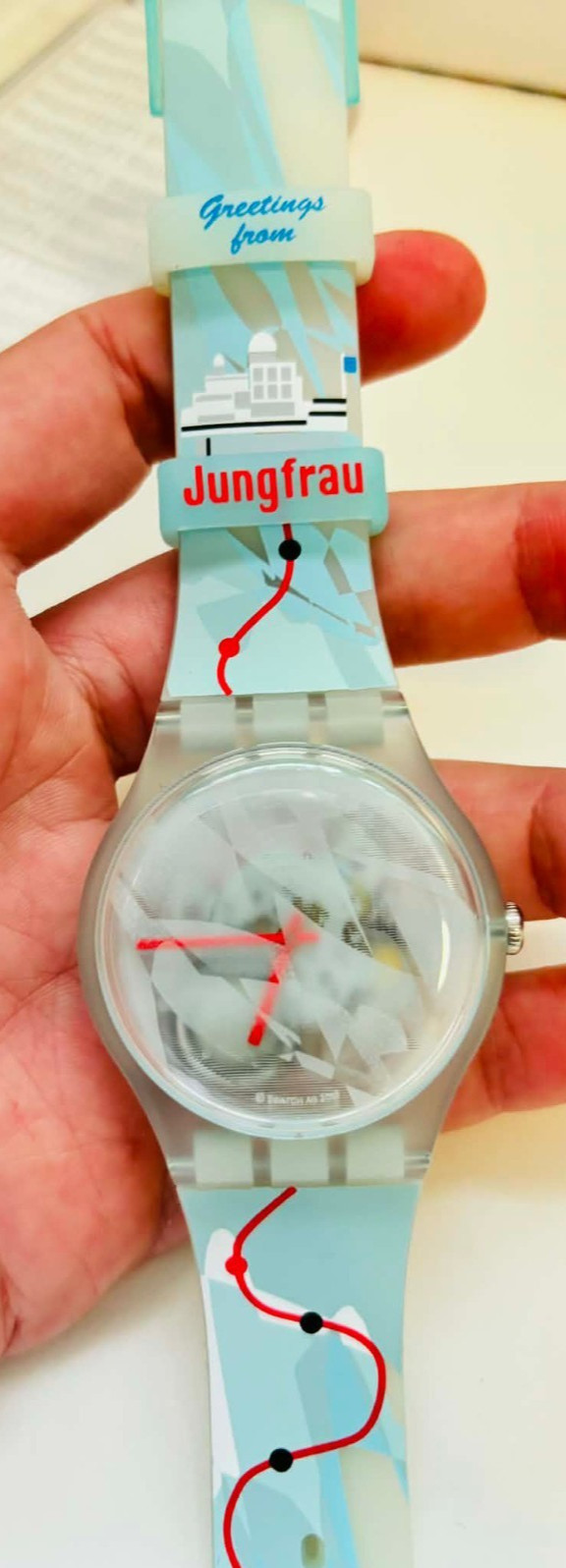 AS NEW SWATCH GREETINGS FROM JUNGFRAU SU0Z251 QUARTZ WATCH – FRESH BATTERY