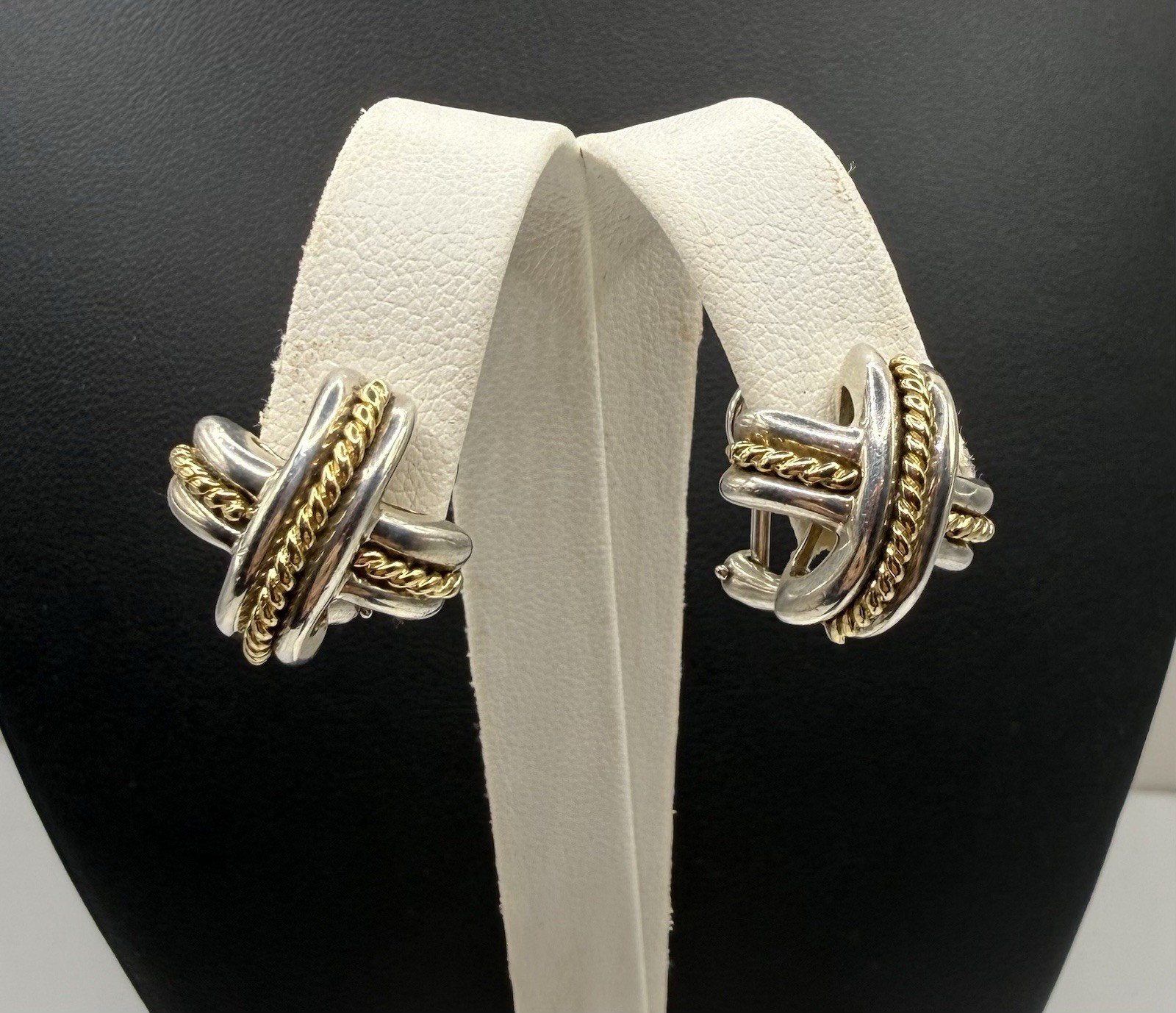 Vintage Tiffany & Co. Cross X Sterling Silver 18k Gold 2-Tone Omega Earrings