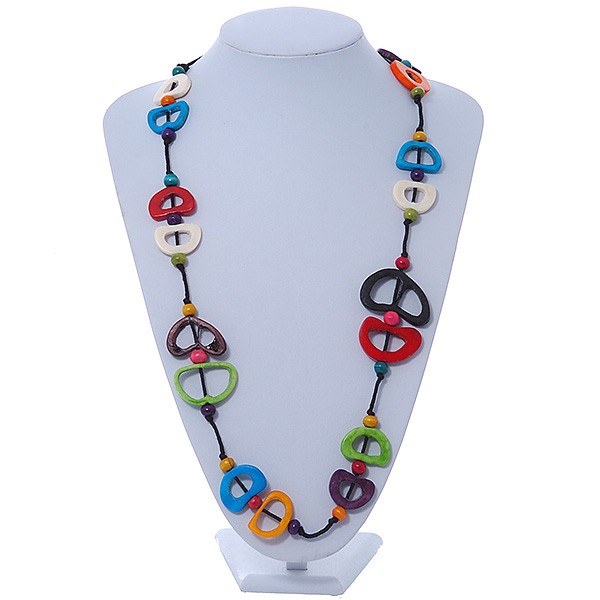 Long Wooden/ Bone Bead Cotton Cord Necklace In Multi – 92cm L