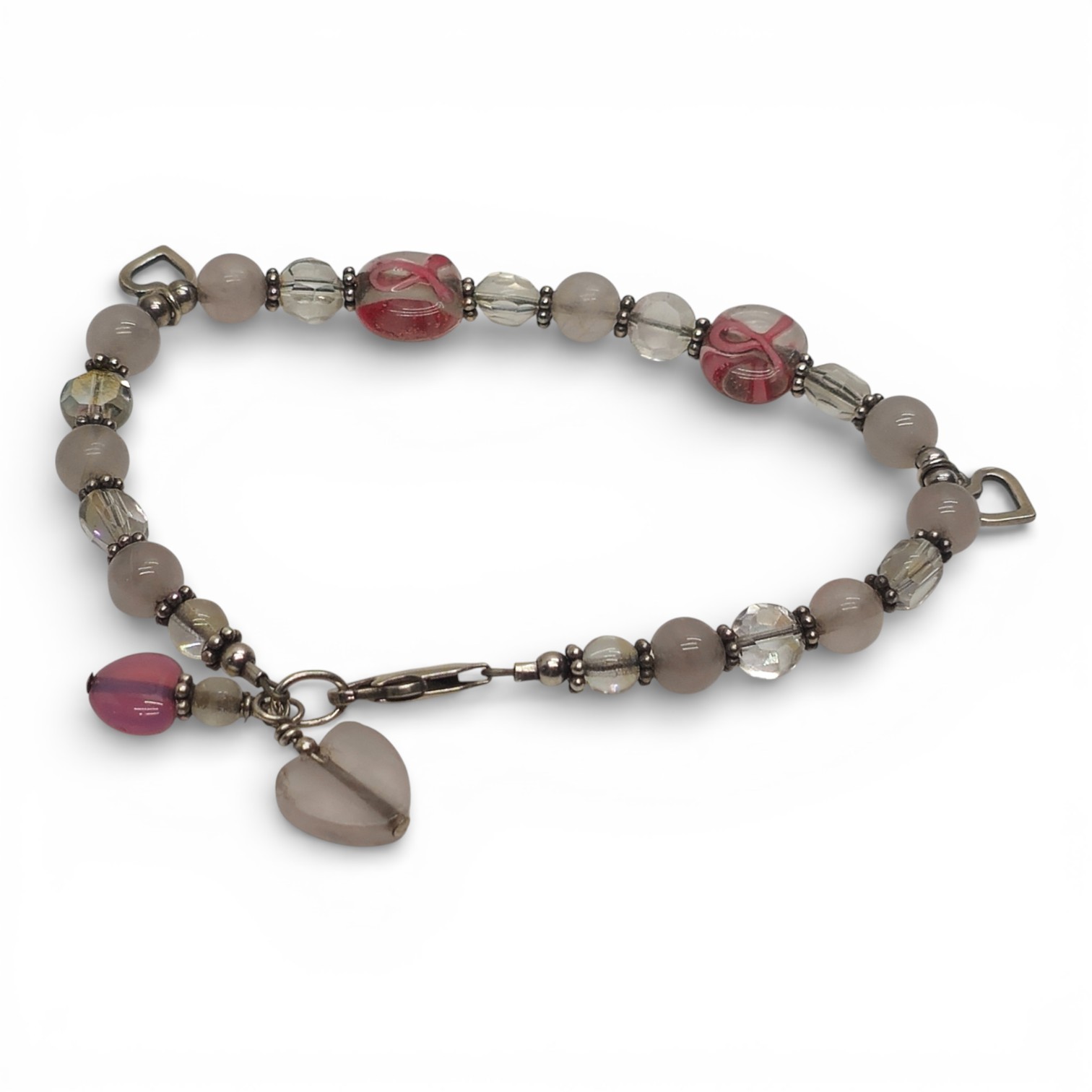 Breast Cancer Awareness Glass Bead Bracelet 6.75in 11.41g 925 Sterling