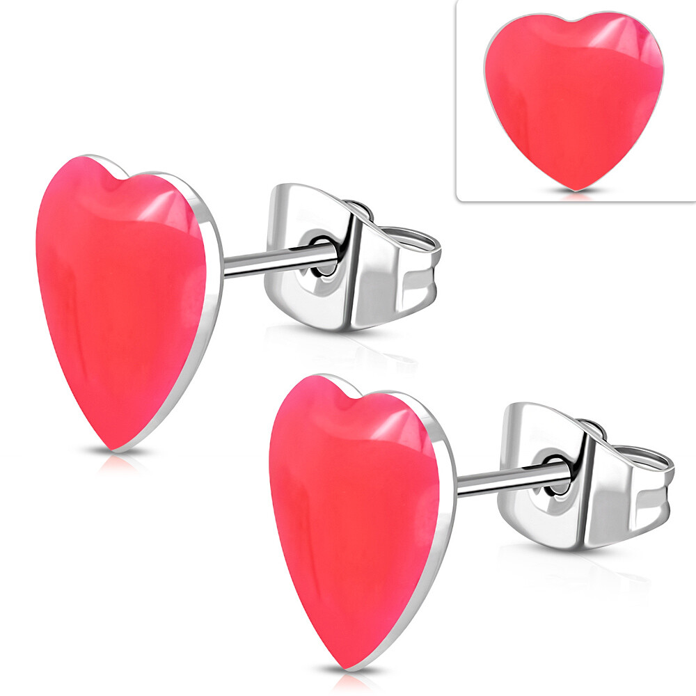 8mm Stainless Steel Pink Resin Love Heart Stud Earrings pair