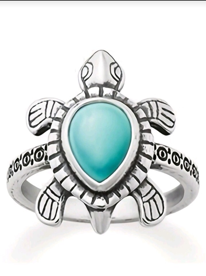 Silver-Plated Zinc Turtle Ring Blue Teardrop-Shaped Stone Size 6