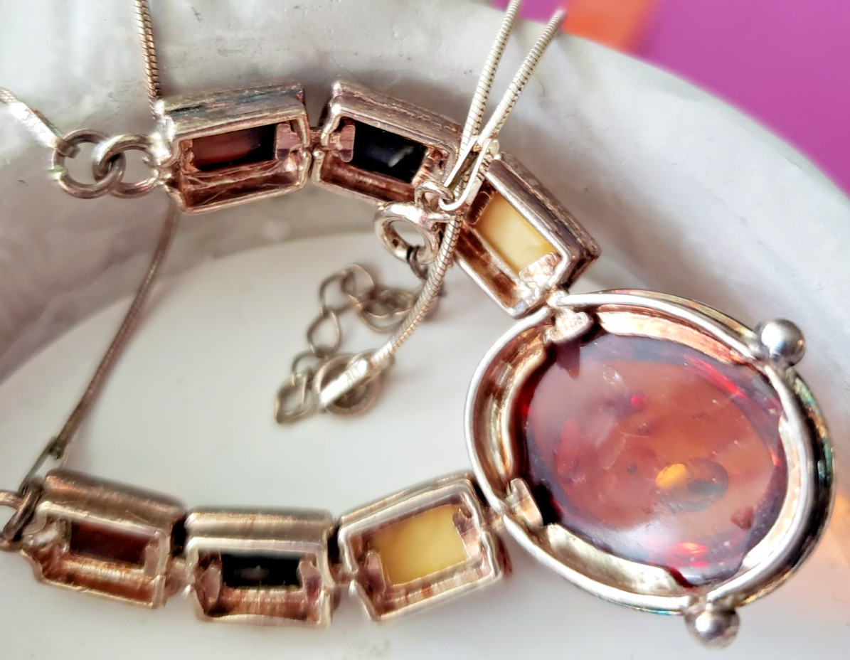 Vintage Baltic Amber Y Drop Necklace 925 Sterling Silver with other stones FAB!