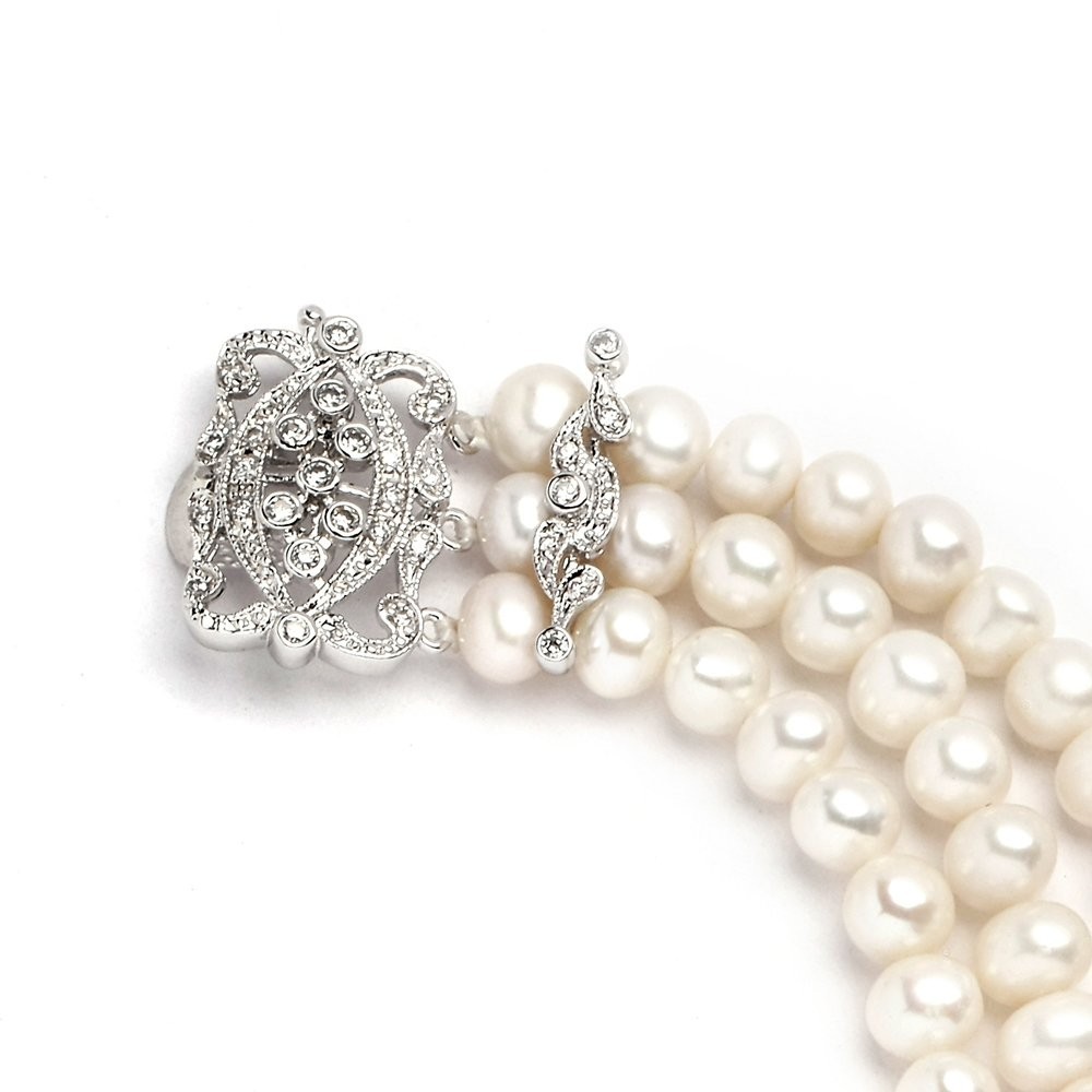 Genuine Freshwater Pearl 3-Strand Bridal Wedding Bracelet, CZ Safety Clasp, Gift
