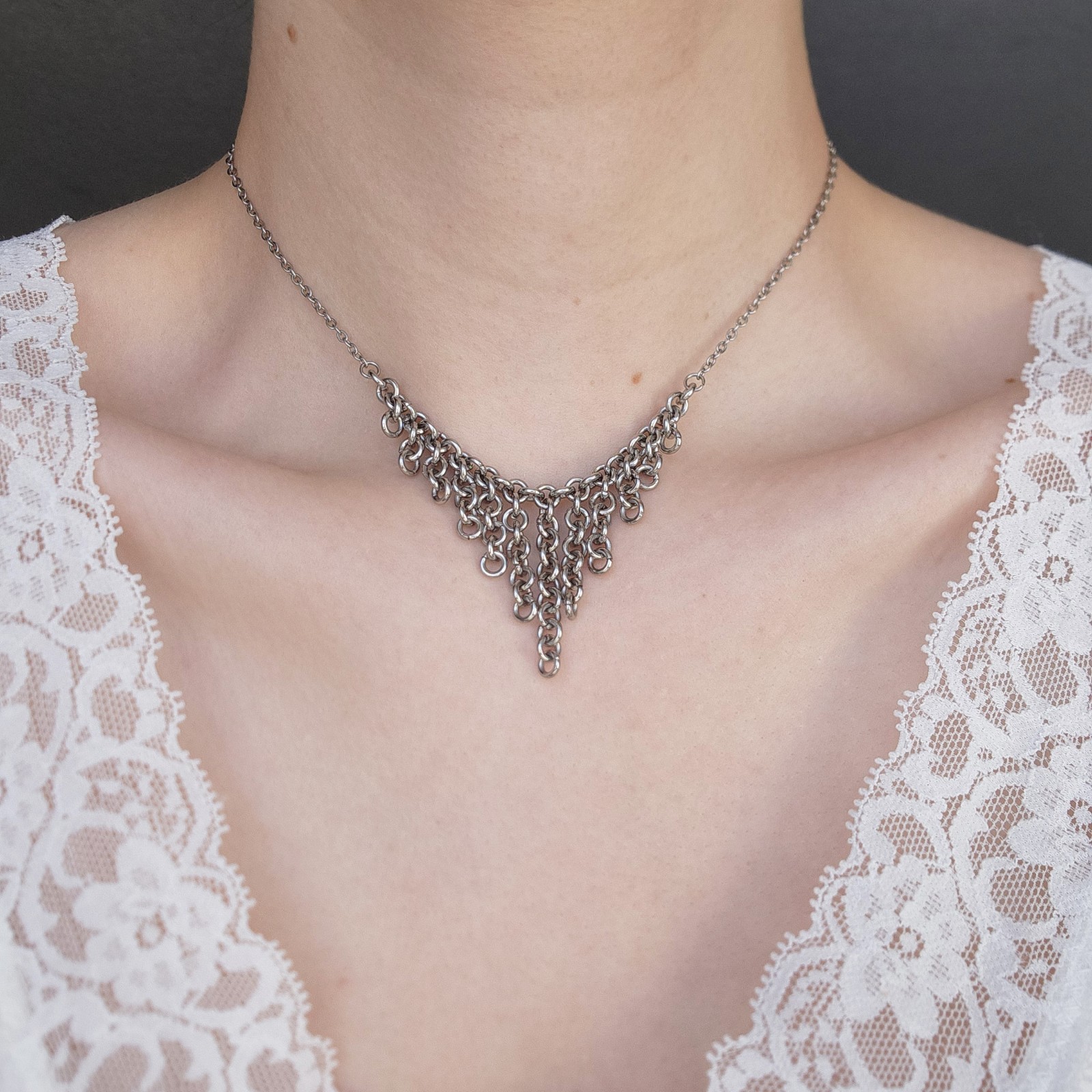 Vintage Medieval style V shape silver chainmail necklace made of stainless steel