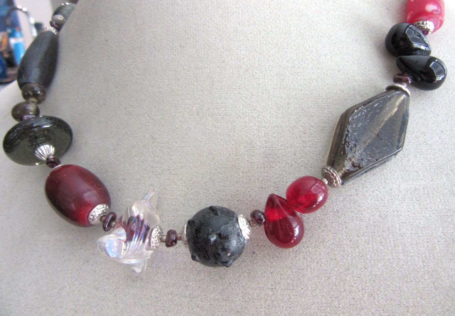 Black , Red and Smokey Art glass beaded necklace with hook clasp – 16″-23″ long
