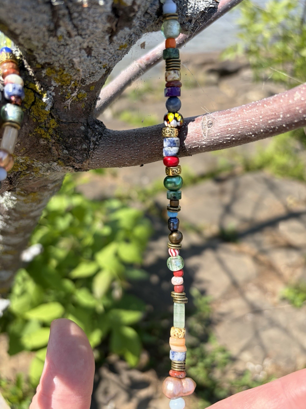 Multicolor Beaded Necklace Round Coin Pendant Bohemian fresh water pearls, glass