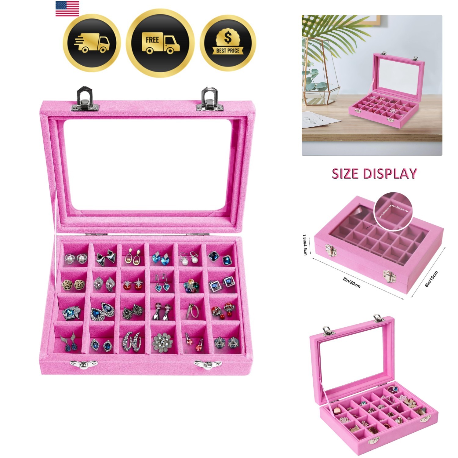 Velvet Jewelry Box 24 Grid Jewelry Earrings Display Organiser Box Ring Tray H…