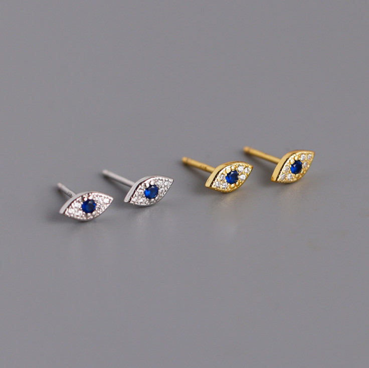 Tiny EVIL EYE STUD EARRINGS W/ BLUE WHITE Crystal CZ 925 STERLING SILVER Set H4