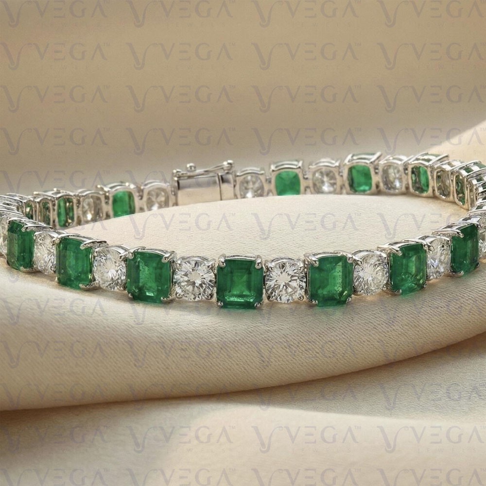 10.50Crt Asscher Natural Emerald & Diamond Tennis Bracelet 18K White Gold Plated
