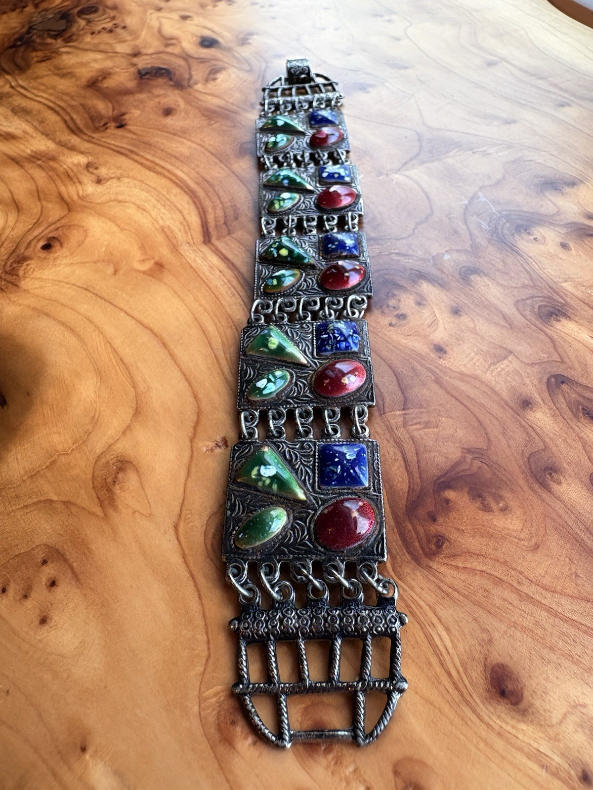 Vintage Enamel Panel Bracelet Blue Red Green Ceramic Boho Beauty!