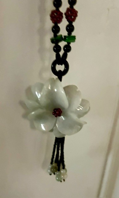 Carved White Jade Floral Silk Hand Knotted Jade Bead Pendant Necklace 12” Drop