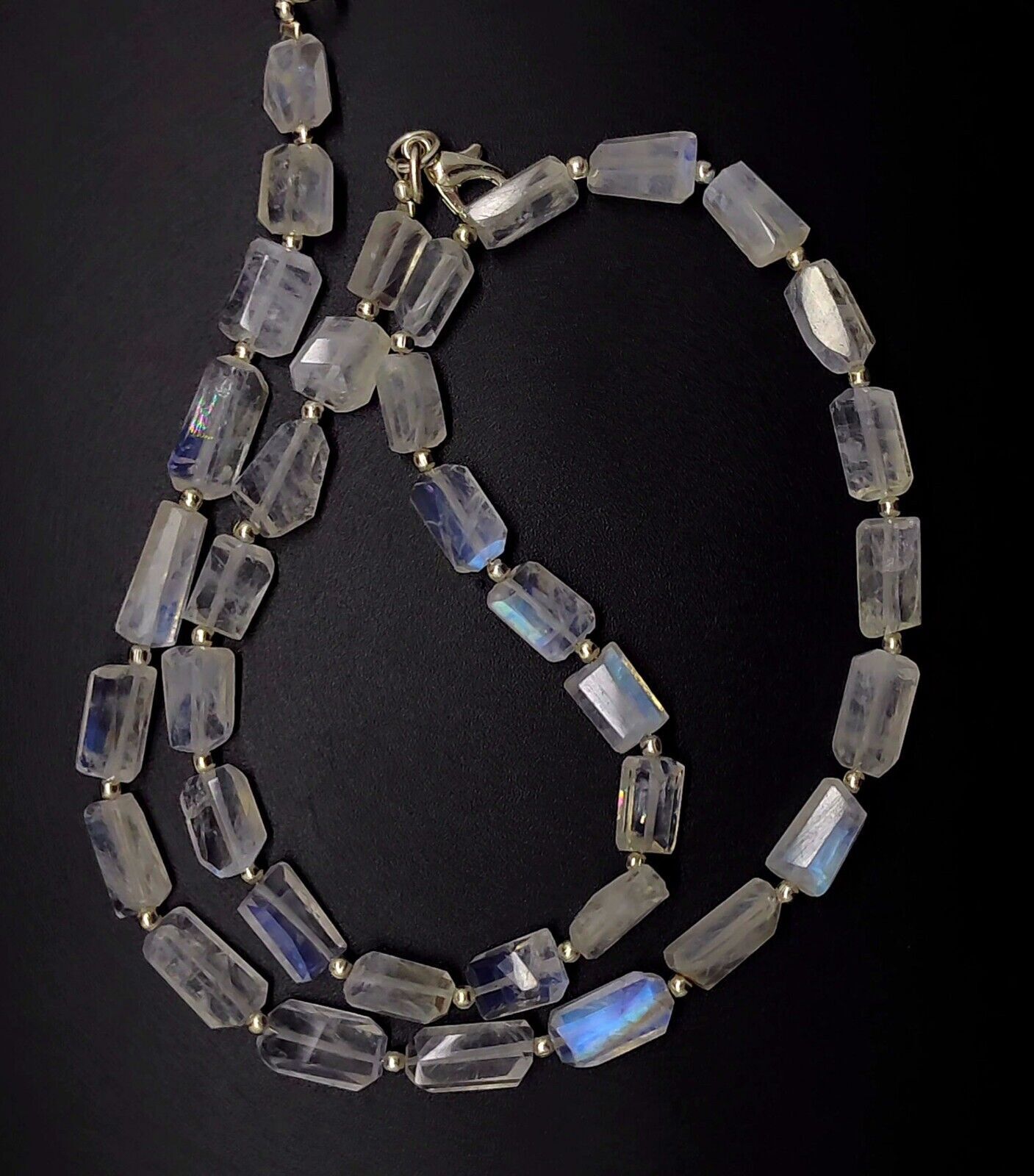 Blue Fire Rainbow Moonstone Gem 8 to 10mm Size Faceted Nugget Beads Necklace 17″