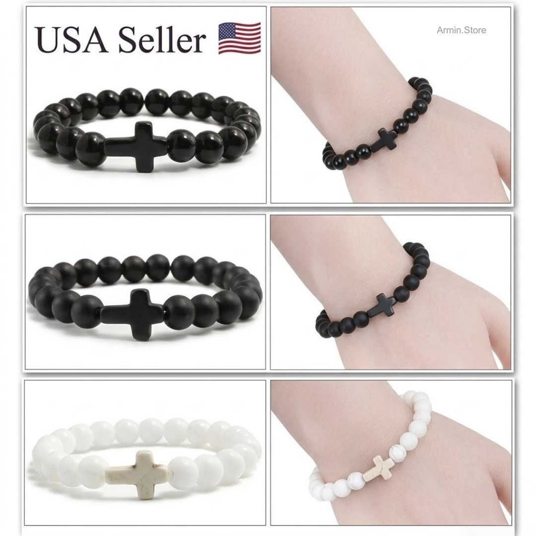 Charm Natural Stone Bracelet Cross Black Lava Matte Beaded Bracelets Handmade