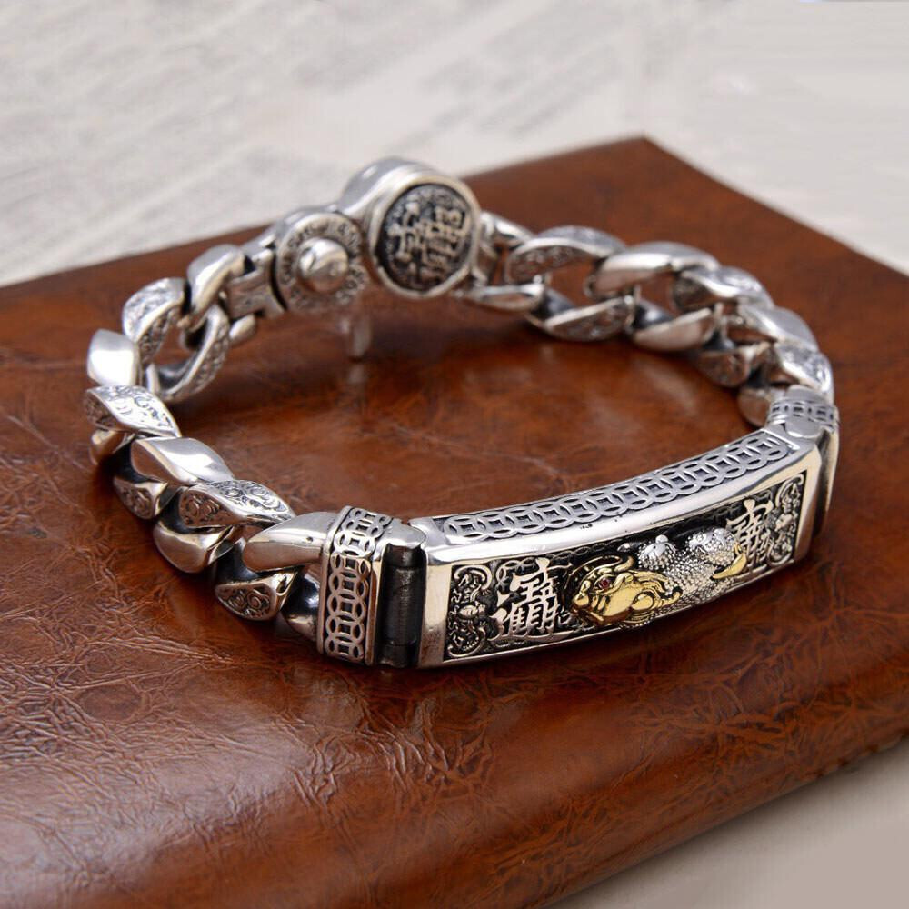 Pure S925 Sterling Silver Chain 11mm Wealth Pixiu Curb Link Bracelet 7-8.7in