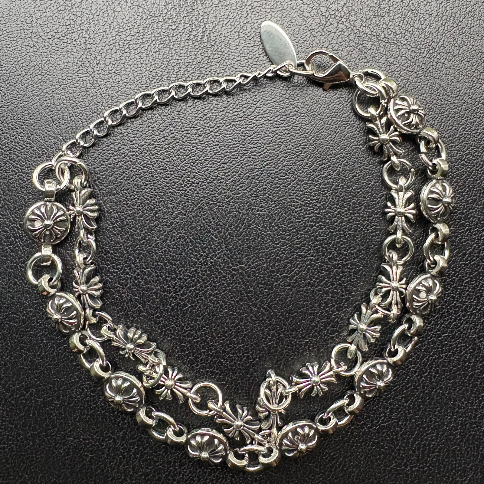 8.5″ Double Strand Layered Y2K Gothic Silver Cross Link Bracelet Punk Grunge Alt