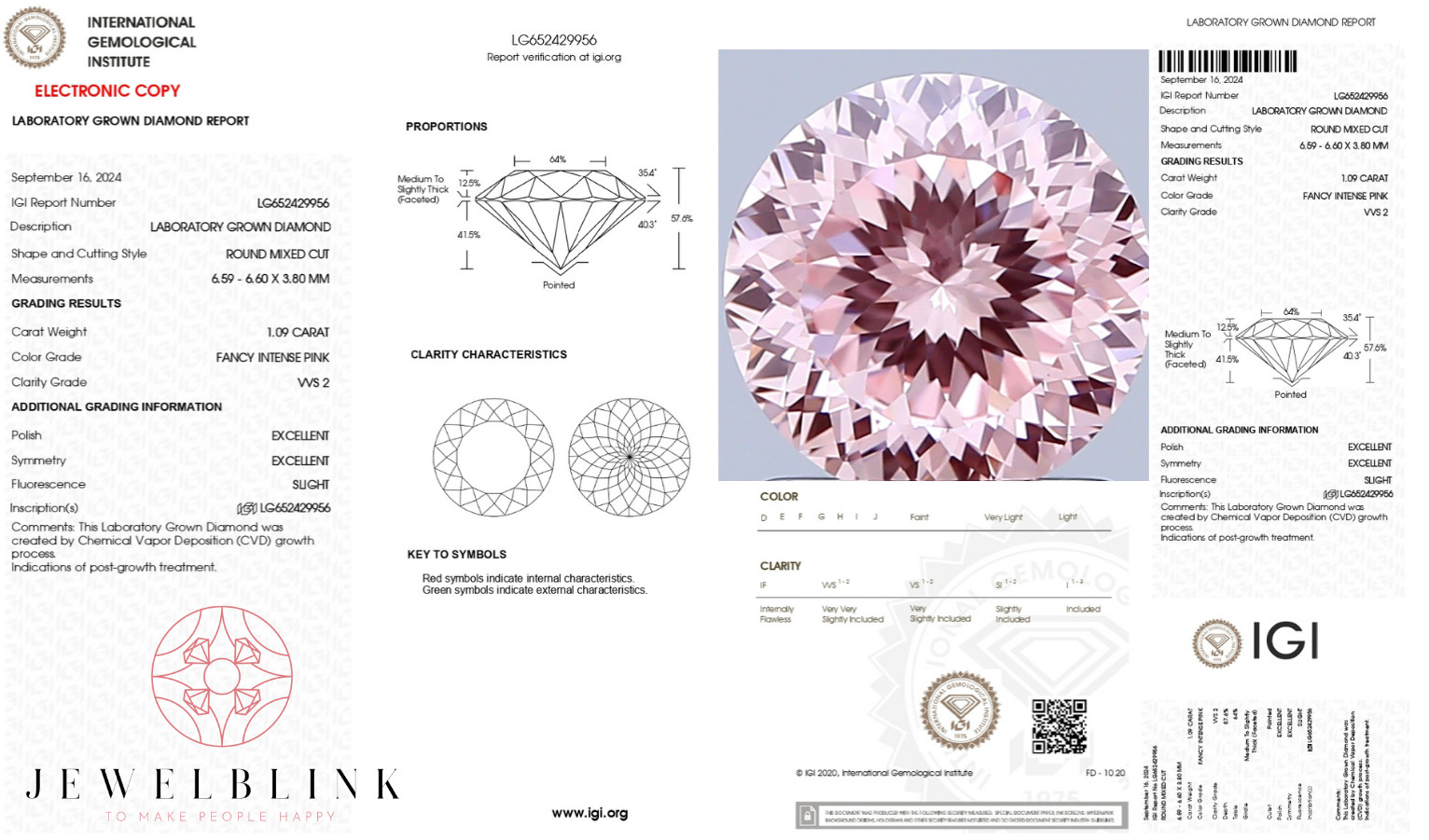 IGI Certified 1.09 CT Fancy Intense Pink VVS2 Portuguese Cut Lab Grown Diamond