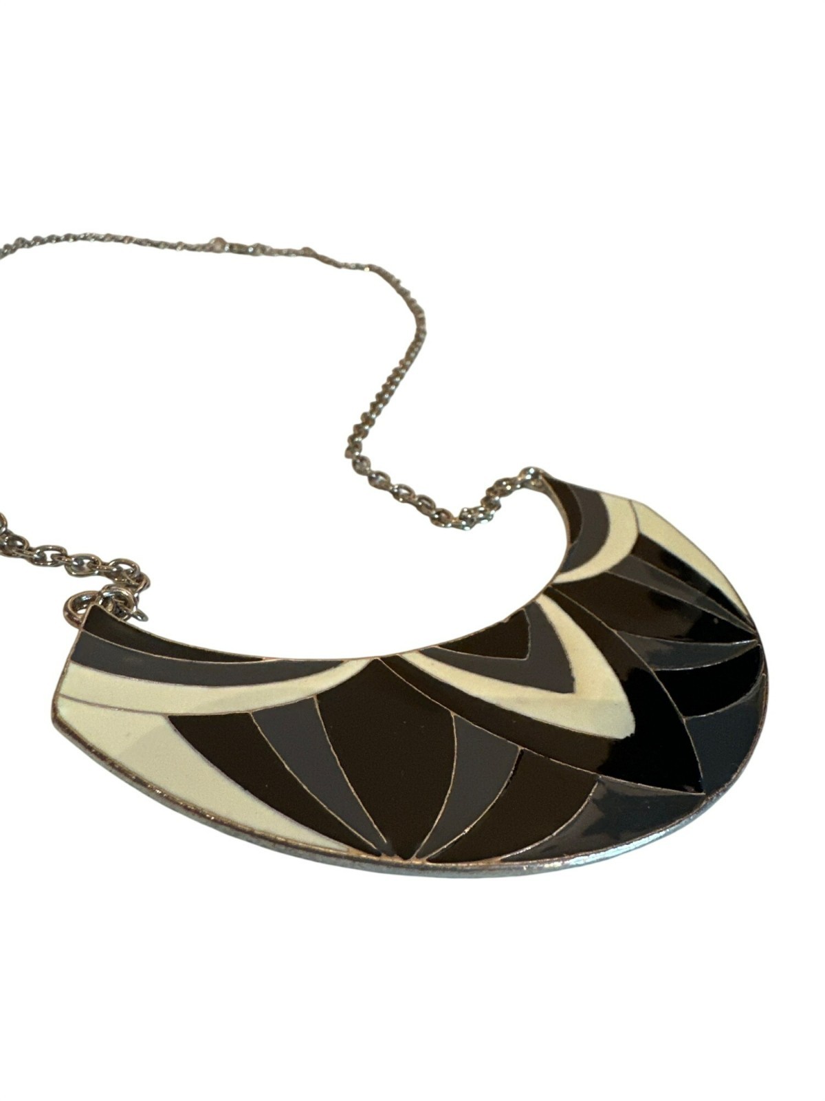 Black & Cream Geometric Statement Bib Necklace Chain Career Art 27 inches