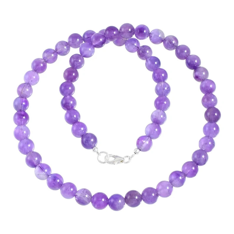 Natural Purple Amethyst 8mm Round Beaded Necklace 925 Silver Handmade Gift 18″