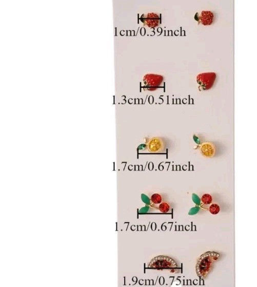 Set Of 5 Micro Mini Stud Earrings, Fruits Embellished With Rinestones. Goldtone